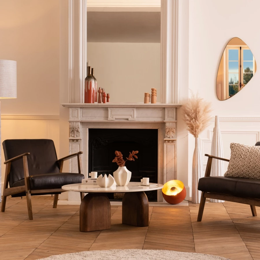 Table Basse Ronde Marbre Blanc Bois Swan -NEW- 6 Table Basse Ronde Marbre Blanc Bois Swan -NEW- – Image 4